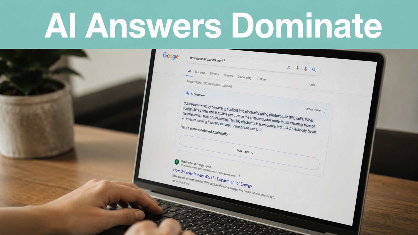 Search Engine Optimization vs Search Engine Marketing 7 A person using a laptop to search google, showcasing an ai-generated answer at the top of results.