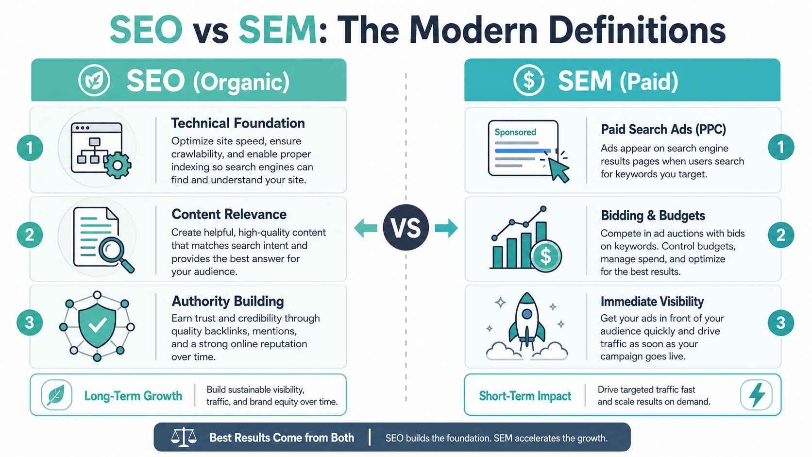 Search Engine Optimization vs Search Engine Marketing 2 A comparison infographic detailing the key differences between search engine optimization and search engine marketing strategies.