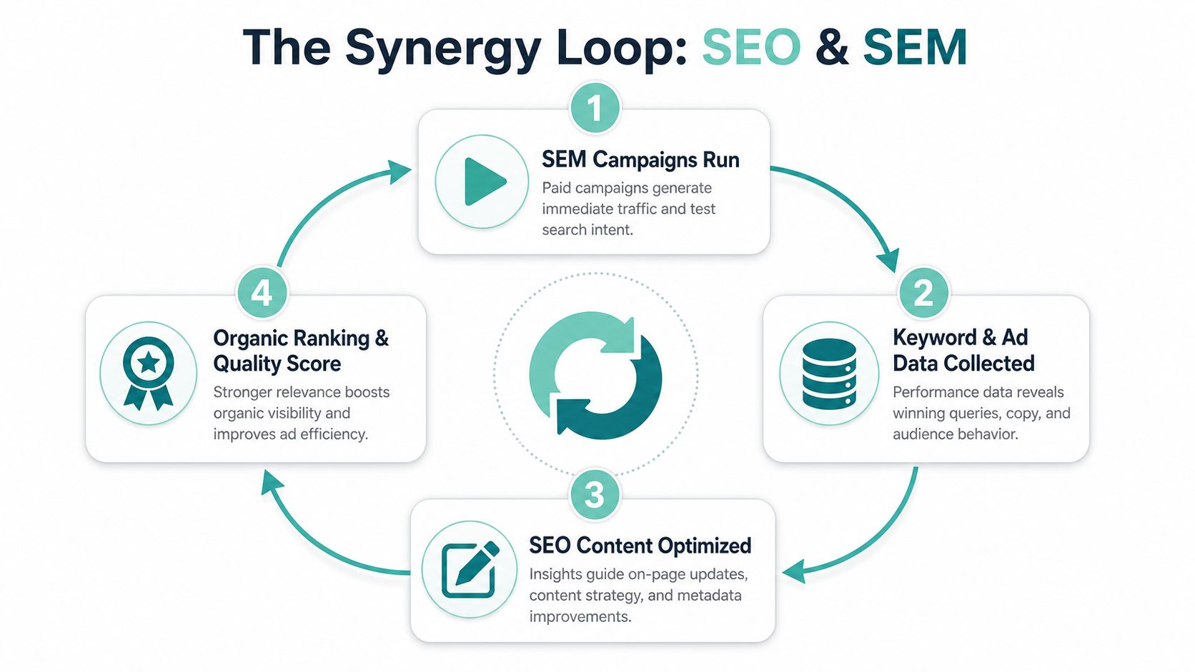 Search Engine Optimization vs Search Engine Marketing 6 A diagram illustrating the synergy loop between search engine optimization and search engine marketing strategies.