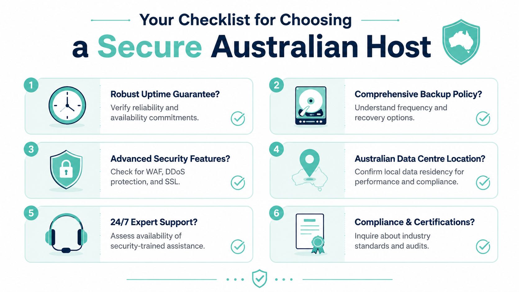 Secure Web Hosting: A Guide for Australian Businesses 2026 5 A checklist infographic for selecting a secure australian web hosting provider with six key criteria.