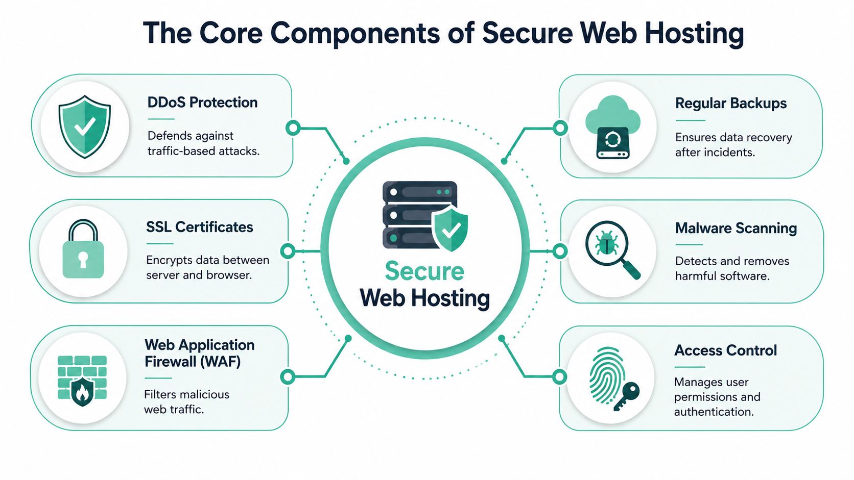 Secure Web Hosting: A Guide for Australian Businesses 2026 3 A diagram illustrating the six core components required for maintaining secure web hosting for websites.