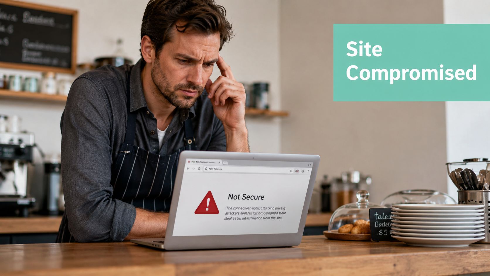 Secure Web Hosting: A Guide for Australian Businesses 2026 1 A worried barista looking at a laptop computer displaying a not secure website warning message.