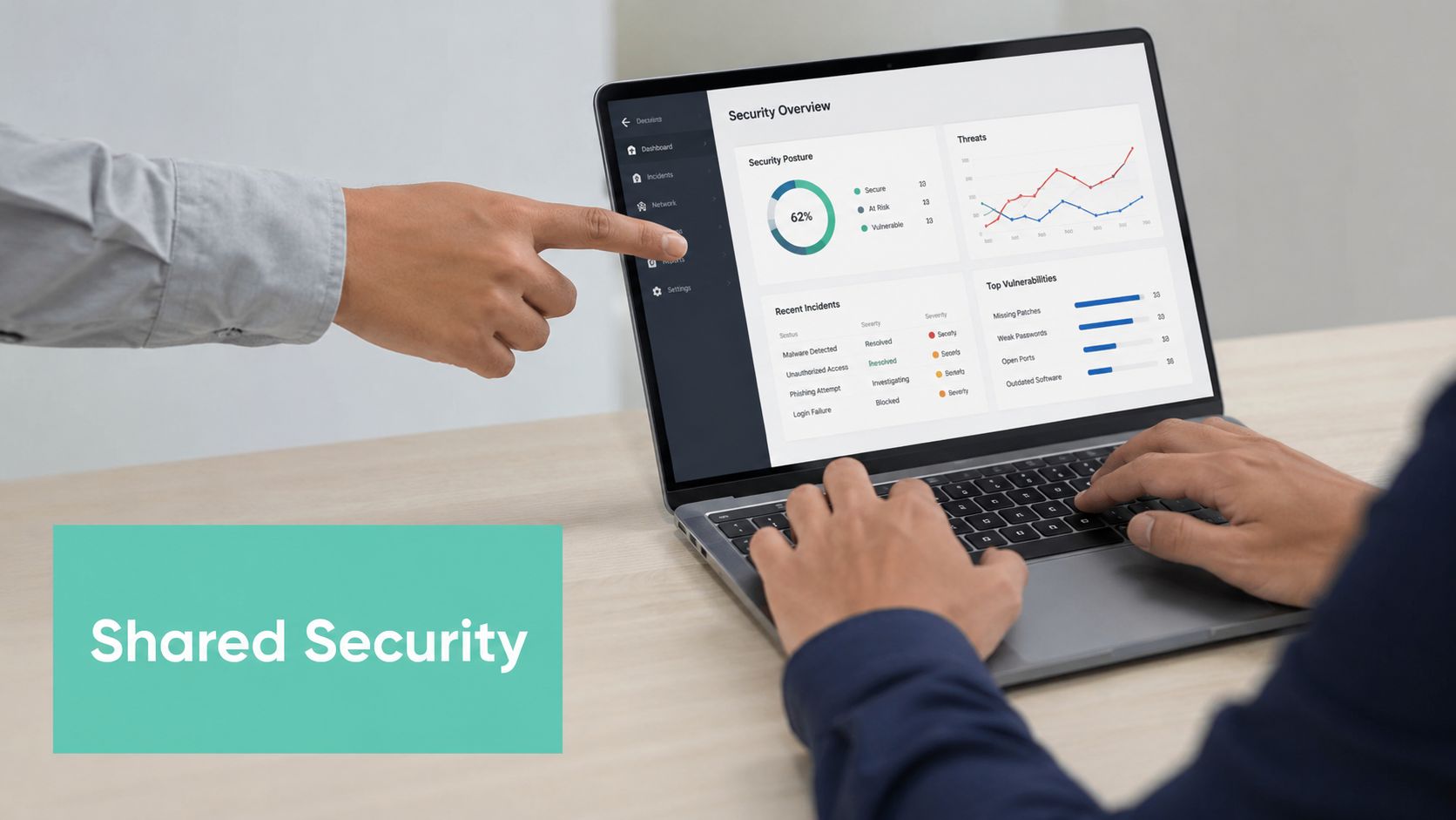 Secure Web Hosting: A Guide for Australian Businesses 2026 6 Two business professionals collaborating on a cybersecurity dashboard showing security posture and threat analytics on a laptop.