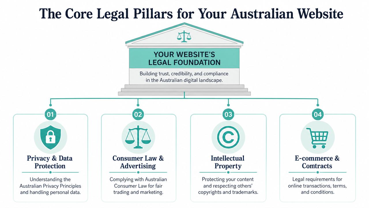 Website Legal Requirements Australia: Your 2026 Guide 3 A diagram outlining the four core legal pillars for maintaining a compliant website in the australian digital landscape.