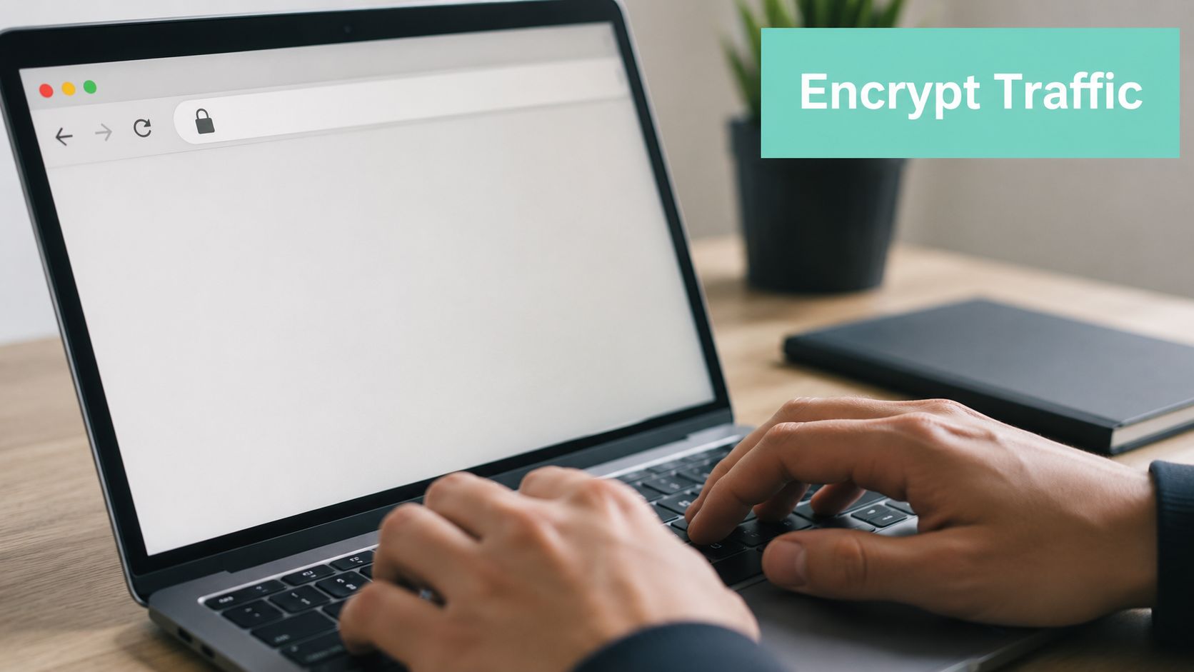 A close up view of a person using a laptop with a secure connection indicated by a padlock.