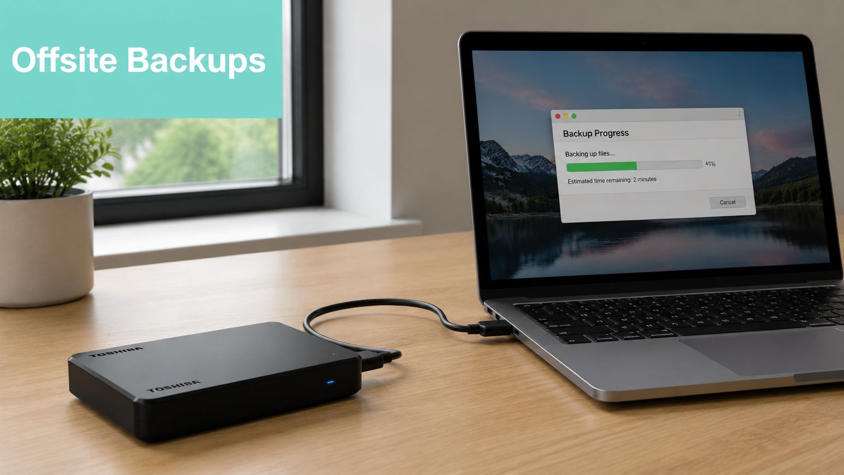 A black toshiba external hard drive connected to a laptop showing a backup progress window on screen.