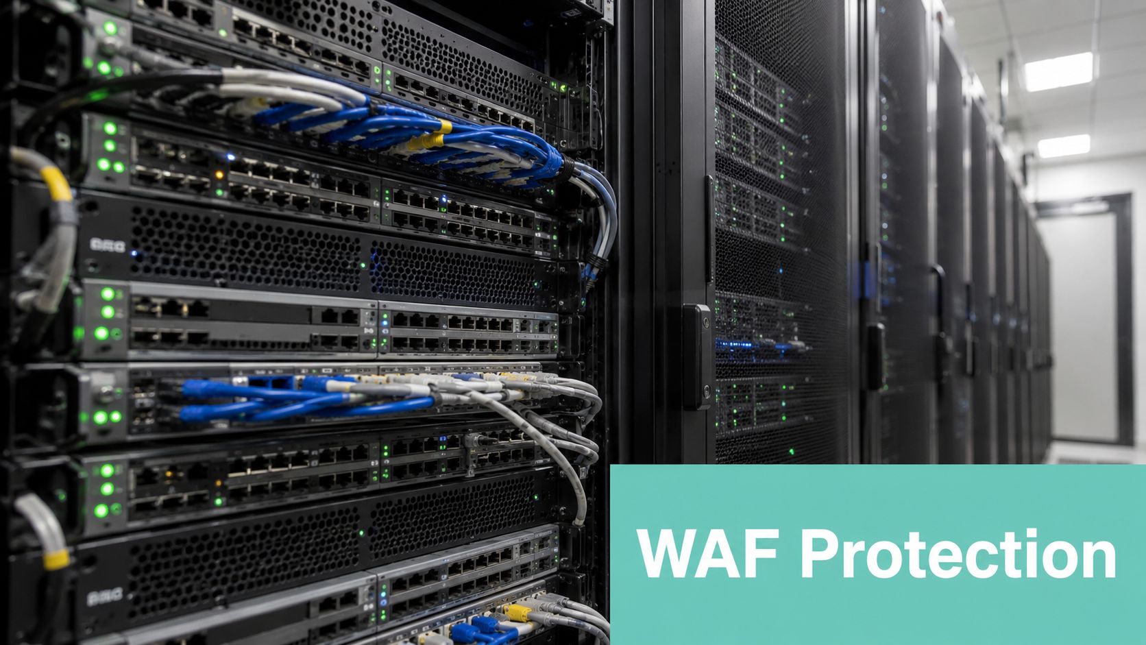 A server rack in a data center with blue network cables and a waf protection sign.