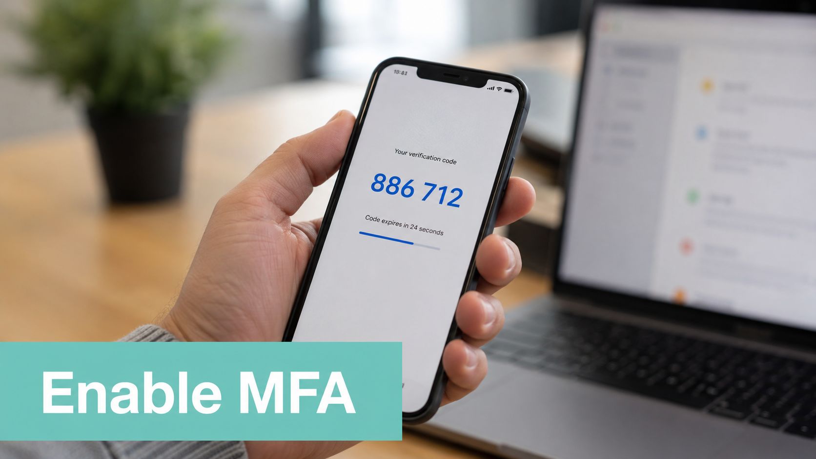 A person holding a smartphone showing a multi-factor authentication verification code to increase account security.