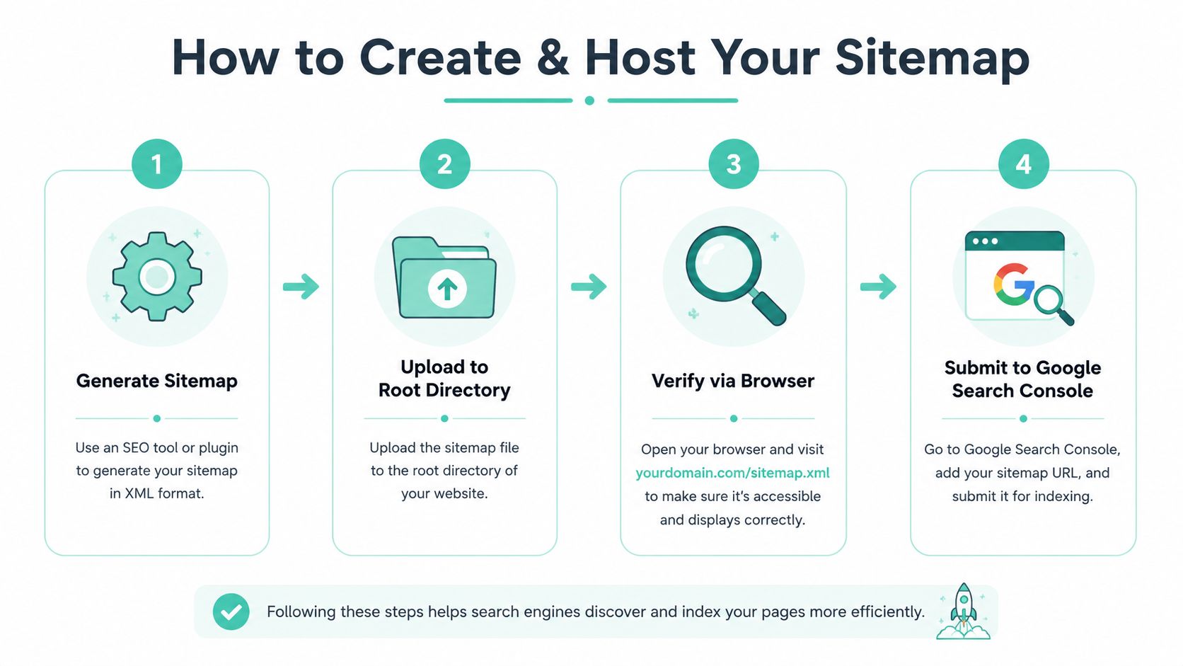 An infographic illustrating four simple steps to create and host a website sitemap for seo purposes.