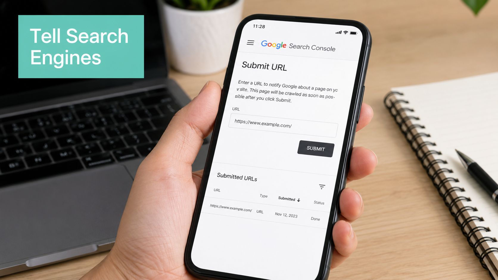 A hand holding a smartphone displaying the google search console interface for submitting website urls for crawling.