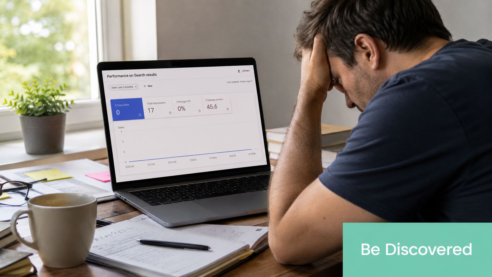 A frustrated man looking at a laptop screen displaying poor website search performance metrics and low engagement.