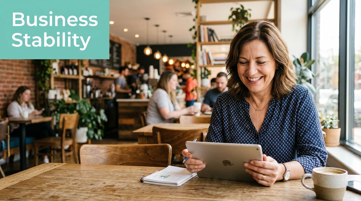 What Is CloudLinux? a Guide for Australian SMBs 5 A middle-aged woman smiling while using a tablet at a table in a bright coffee shop.