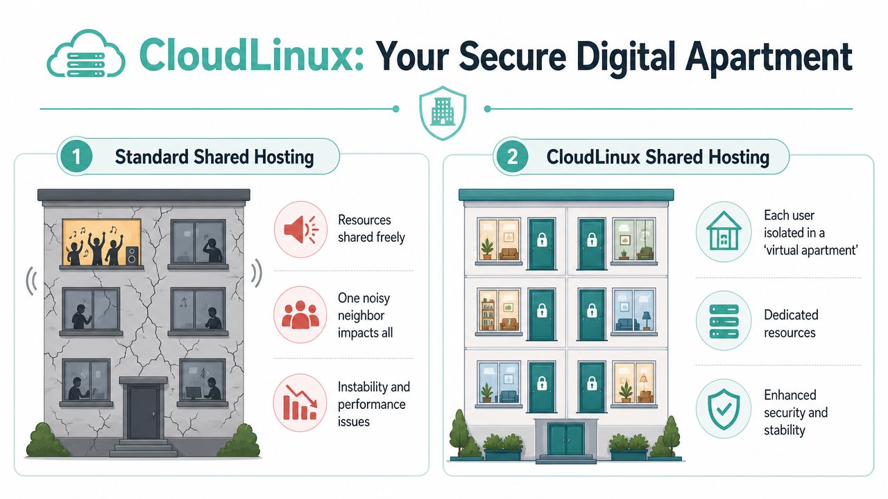 What Is CloudLinux? a Guide for Australian SMBs 2 A comparison illustration between standard shared hosting and secure cloudlinux hosting showing isolation benefits.