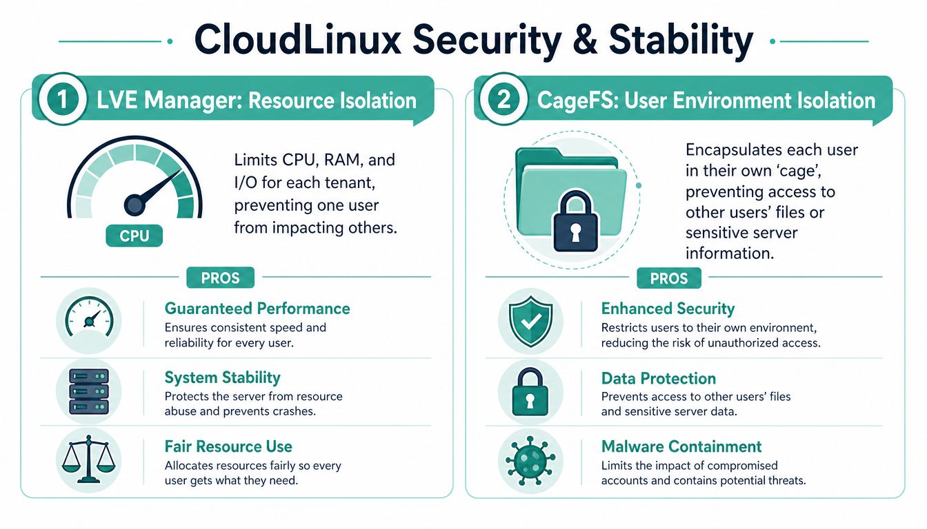 What Is CloudLinux? a Guide for Australian SMBs 4 An infographic detailing cloudlinux security and stability features through lve manager resource isolation and cagefs environment isolation.