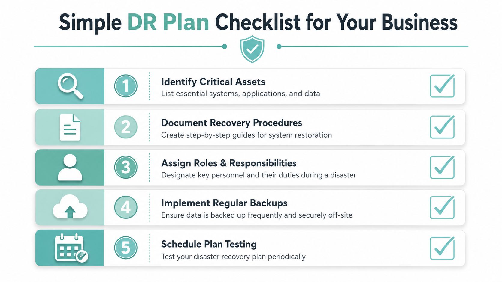 What Is Disaster Recovery? a Guide for Australian SMBs 8 A simple five-step checklist for creating an effective business disaster recovery plan to ensure system restoration.