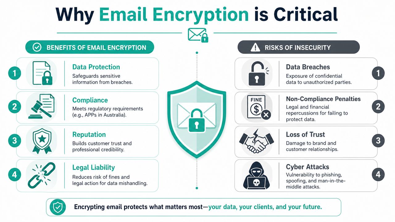 What Is SSL in Email? a Guide for Australian Businesses 5 An infographic titled why email encryption is critical comparing the benefits of encryption against risks of insecurity.