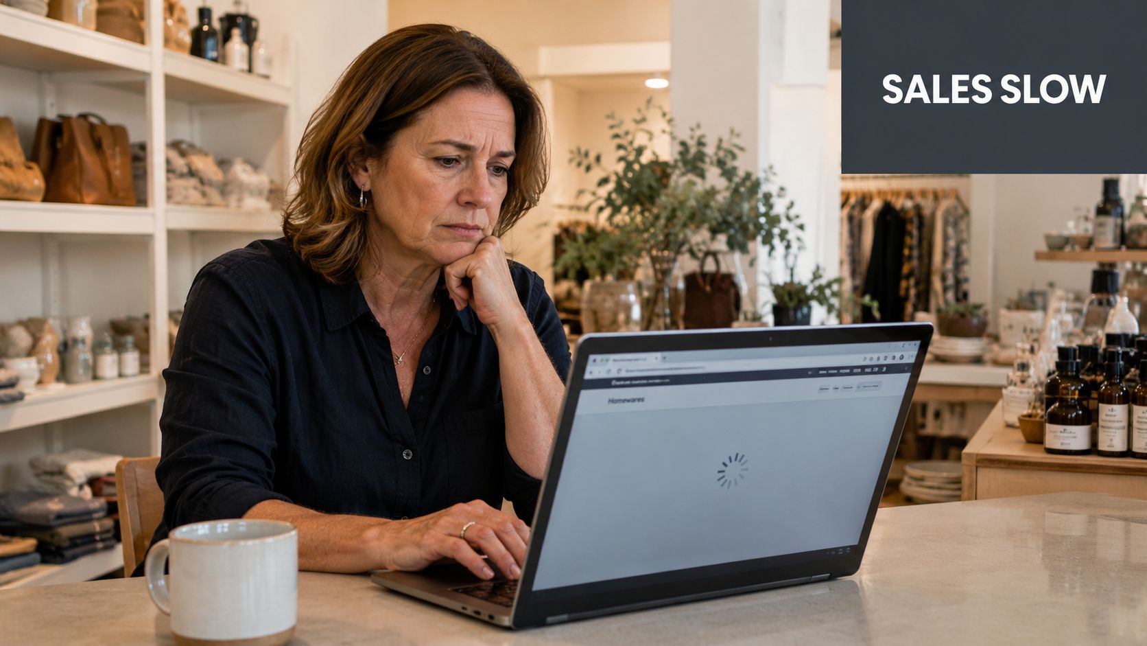 What Is WooCommerce Hosting? an Australian Guide for 2026 2 A concerned female shop owner looking at a computer screen that is stuck loading in her store.