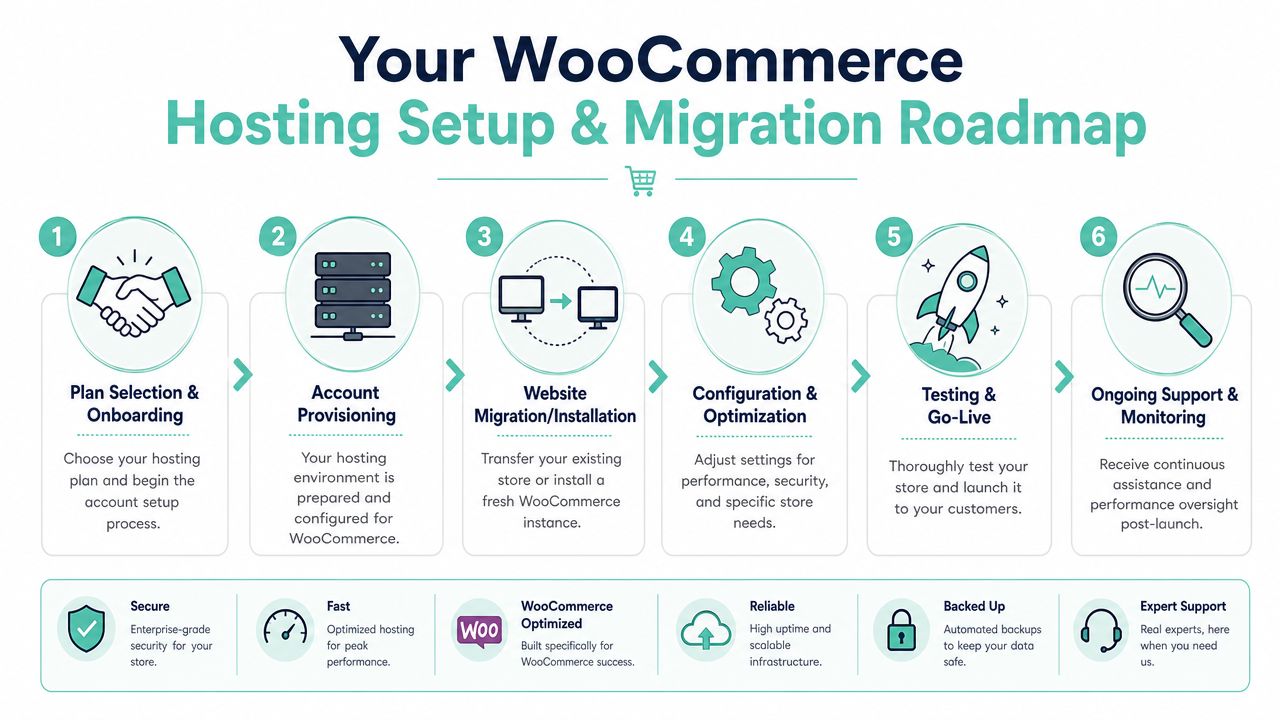 What Is WooCommerce Hosting? an Australian Guide for 2026 8 A six-step infographic illustrating the woocommerce hosting setup and migration roadmap for e-commerce websites.