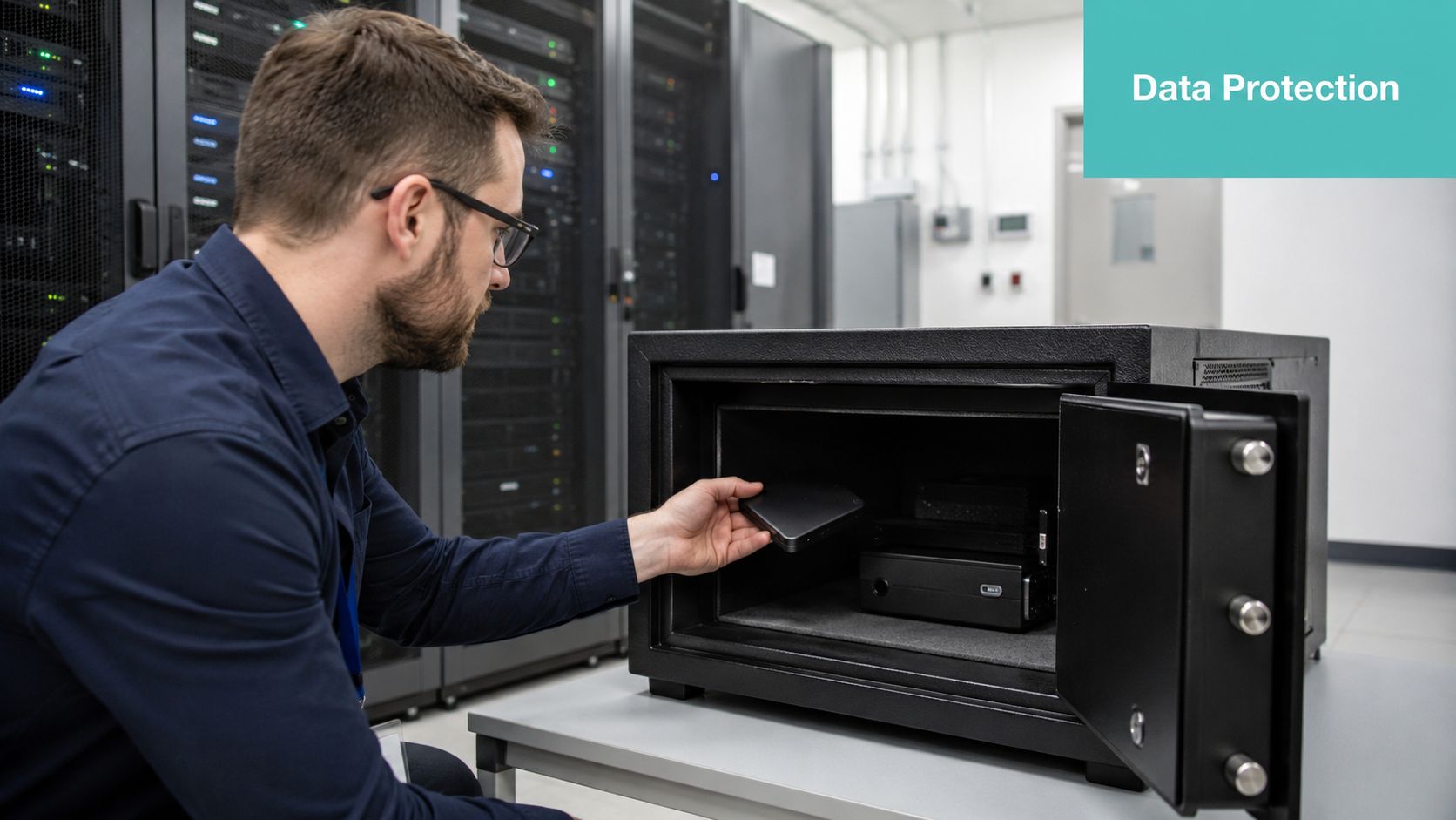 Windows Server Management: Guide for Australian SMBs 5 A professional technician carefully placing a hard drive into a security safe in a data center.