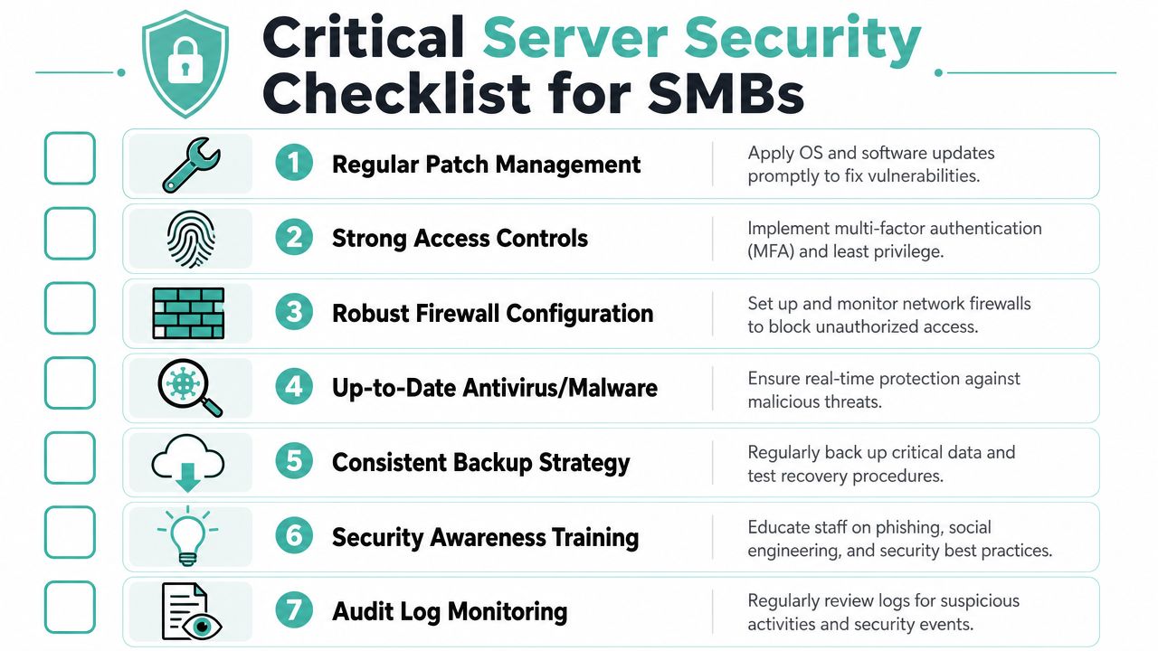 Windows Server Management: Guide for Australian SMBs 4 A checklist infographic detailing seven critical server security practices for small and medium-sized businesses.