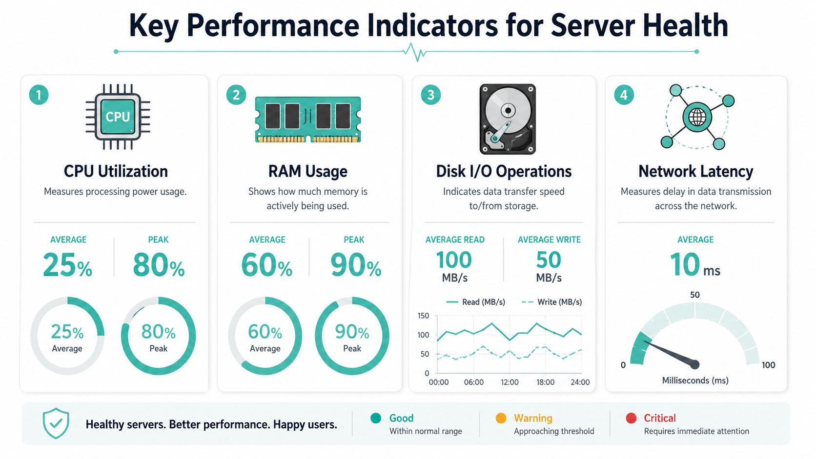 Windows Server Management: Guide for Australian SMBs 6 An infographic showing four key performance indicators for server health including cpu utilization, ram usage, disk i/o, and network latency.