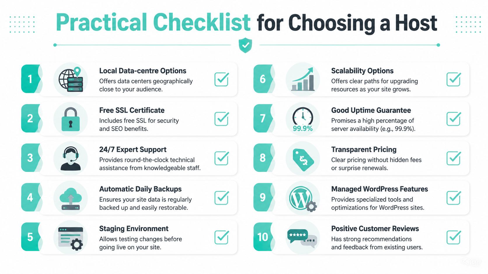 WordPress Hosting Features: Speed, Security & SEO for 2026 6 A 10-point infographic checklist listing essential features to consider when choosing a website hosting provider.