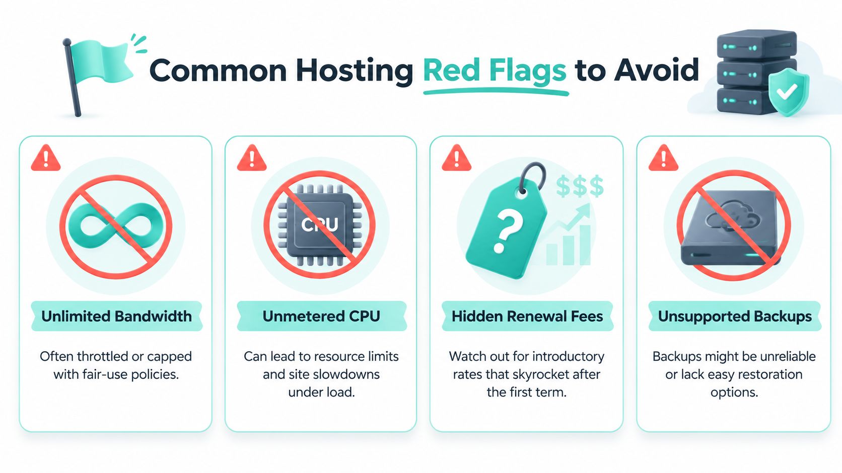 WordPress Hosting Features: Speed, Security & SEO for 2026 4 An infographic showing four common red flags to avoid when choosing a web hosting provider service.