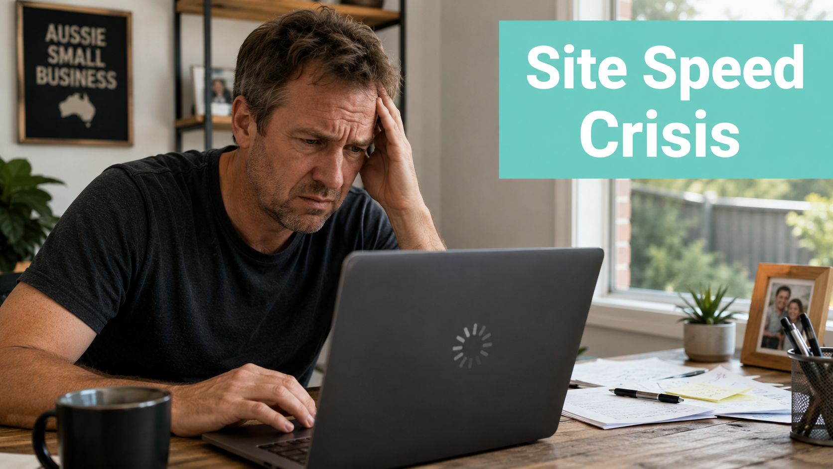 Frustrated australian business owner staring at a loading screen on his laptop during a site speed crisis.