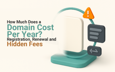 How Much Does a Domain Cost Per Year? Registration, Renewal and Hidden Fees Domain registration tile surrounded by renewal, transfer and expiry cost symbols
