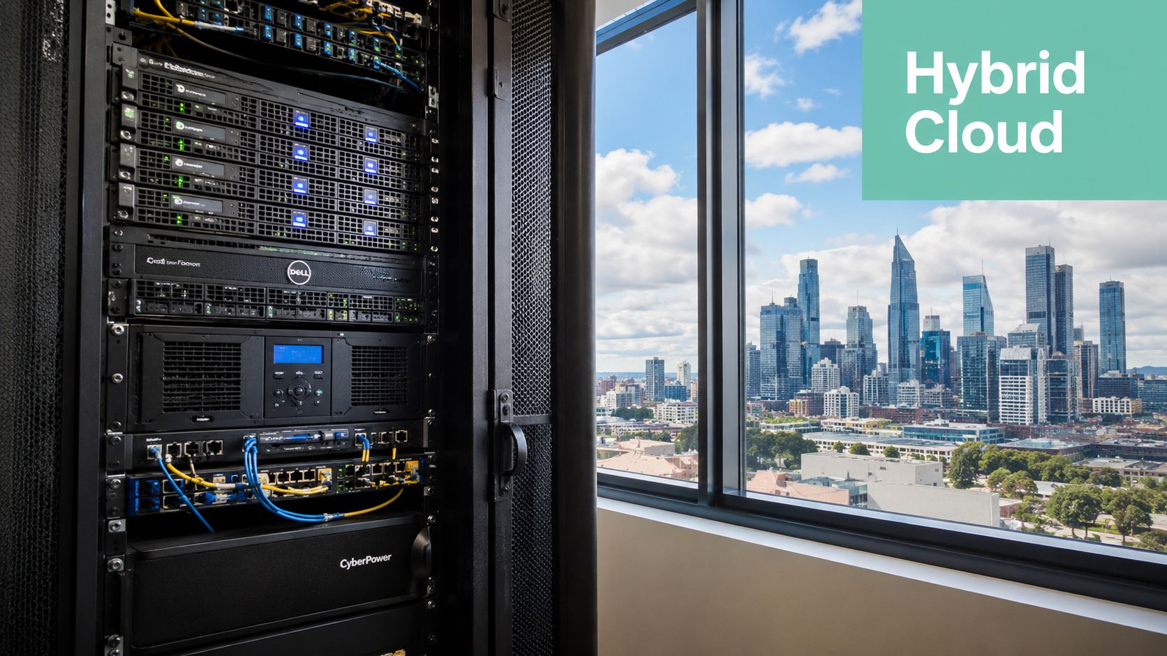 10 Cloud Computing Trends for Australian Businesses 10 A server rack with network equipment positioned next to a window overlooking a modern city skyline.