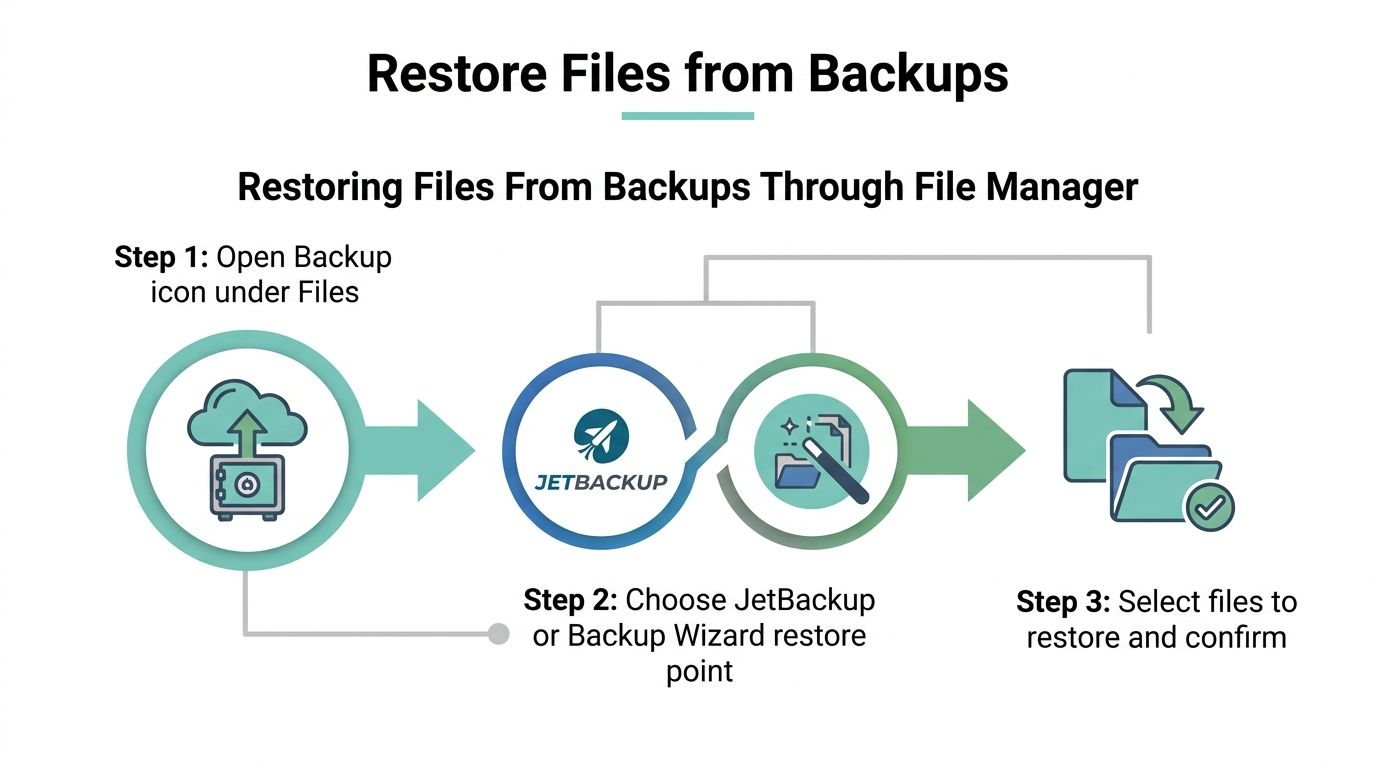How to Use cPanel File Manager Without Breaking Your Site 14 A simple three-step diagram illustrating the process for restoring files from backups using the cpanel file manager.