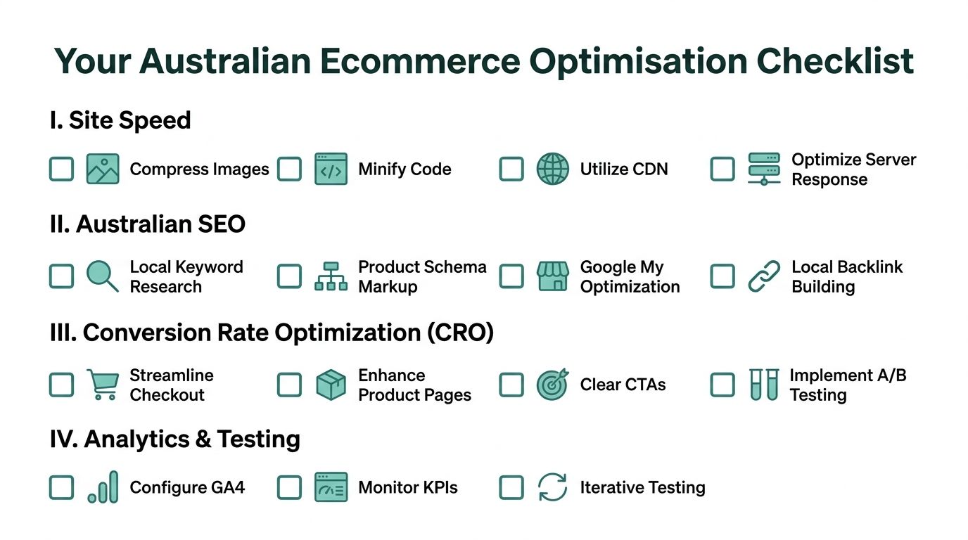 Master Ecommerce Site Optimisation for AU Sales 2026 7 A structured checklist for australian ecommerce optimization covering site speed, seo, conversion rates, and analytics strategies.