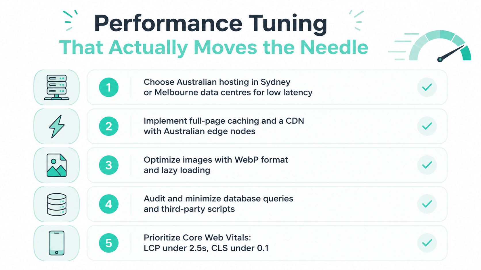 Ecommerce Site Optimization: The Australian Playbook 3 A performance tuning infographic featuring five essential tips for improving website speed and user experience metrics.