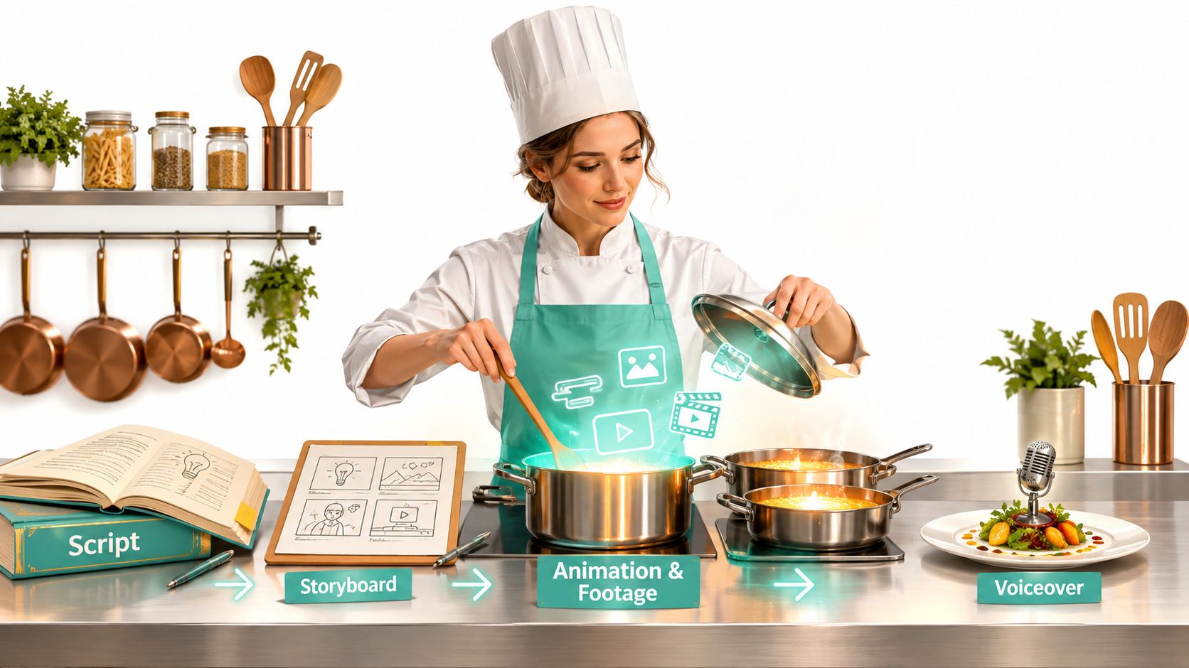 A chef cooking in a studio, metaphorically representing the production stages of an explainer video.