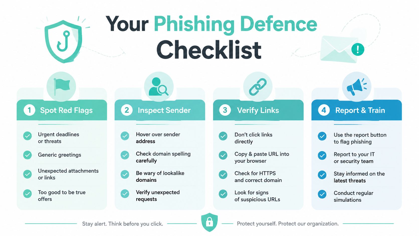A four-step infographic illustrating a phishing defense checklist to help individuals identify and report suspicious emails.