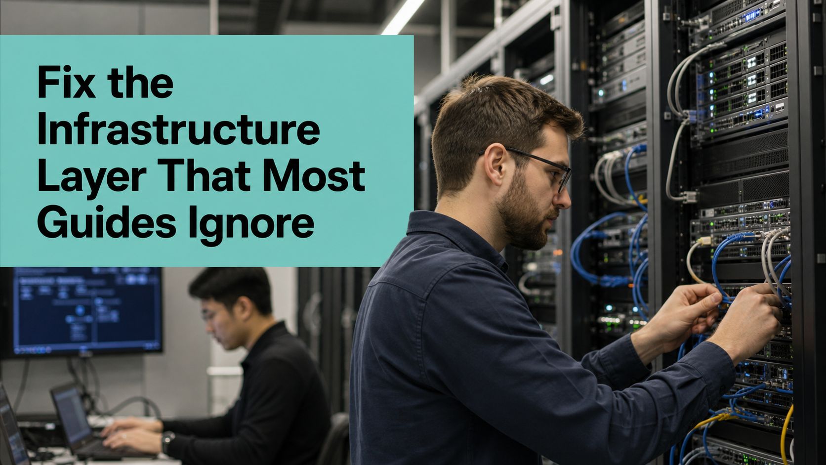 A data center engineer working on server rack cabling while a colleague works on a laptop nearby.