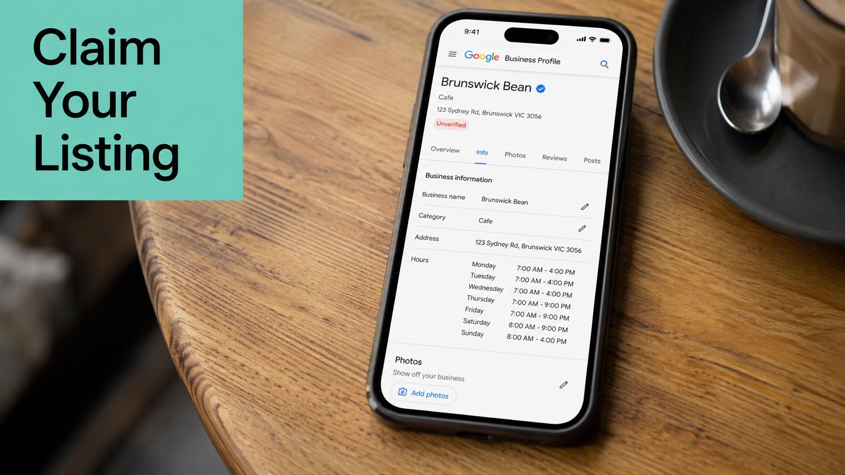 Local SEO for Business: A Practical Guide for Australia 3 A smartphone screen displaying a google business profile setup page for a cafe named brunswick bean.