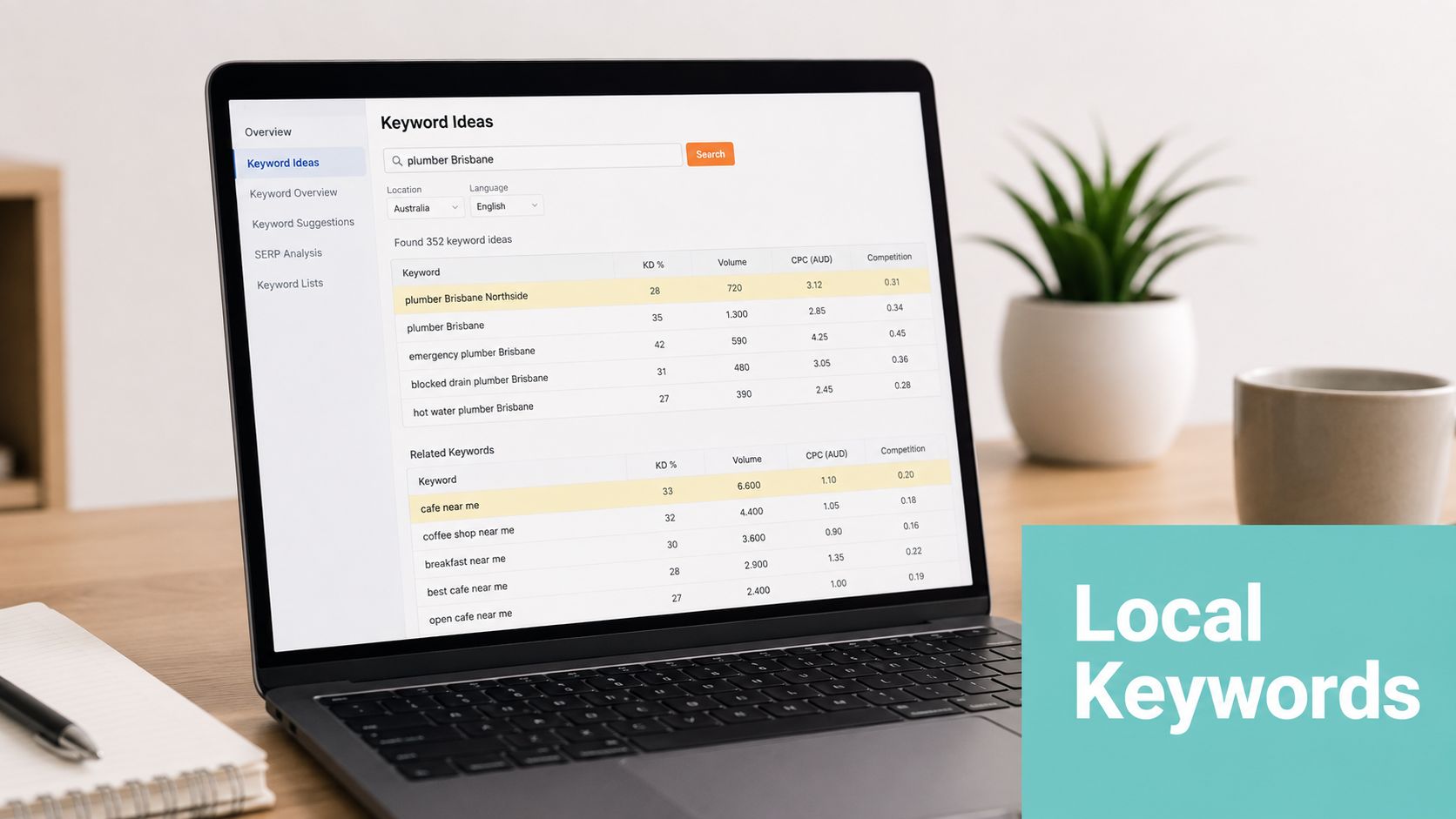 Local SEO for Business: A Practical Guide for Australia 5 Laptop screen showing a seo keyword research tool with lists of local plumber and cafe keywords.