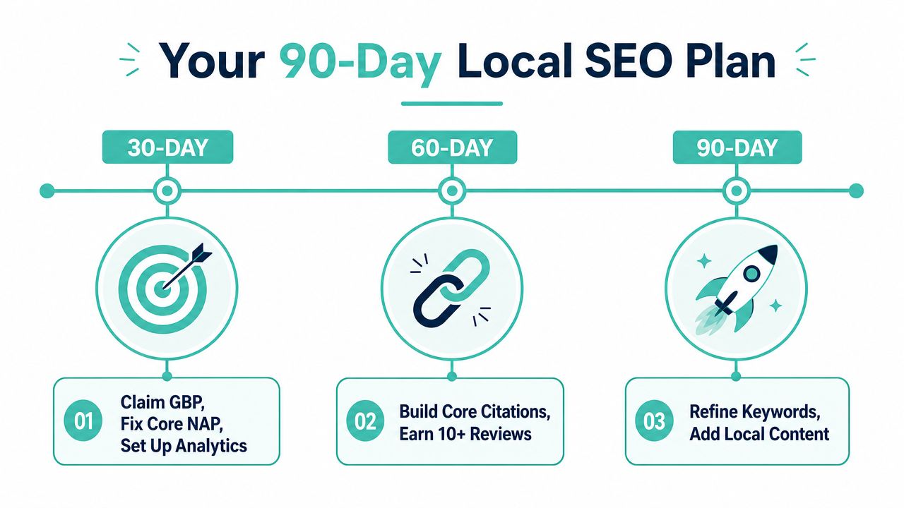 Local SEO for Business: A Practical Guide for Australia 8 A visual guide outlining a ninety-day local seo strategy including gbp, citations, reviews, and content updates.