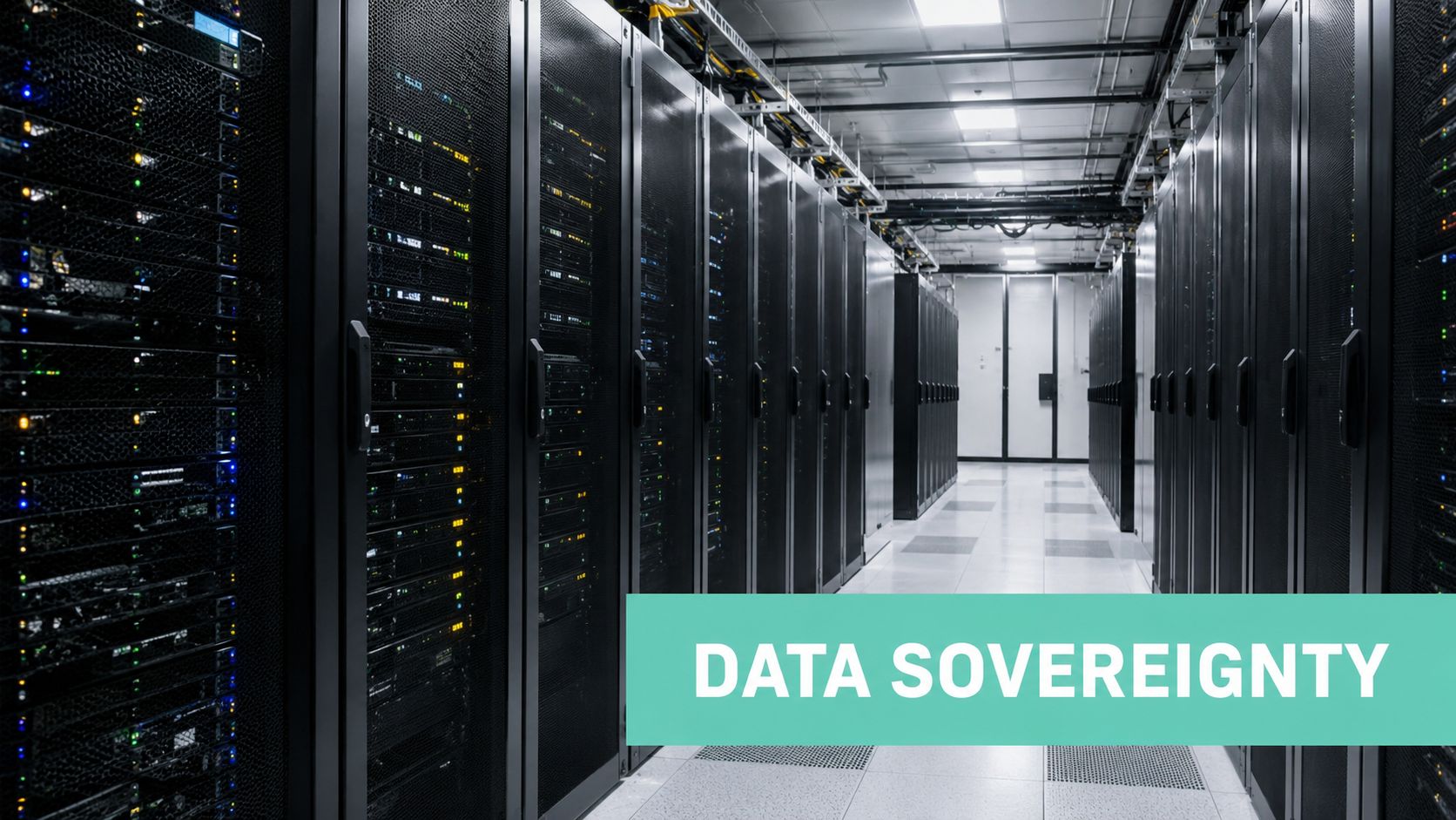 Off-Site Backup Solutions for Australian Businesses 6 A modern data center server room with rows of black server racks under bright indoor lighting.