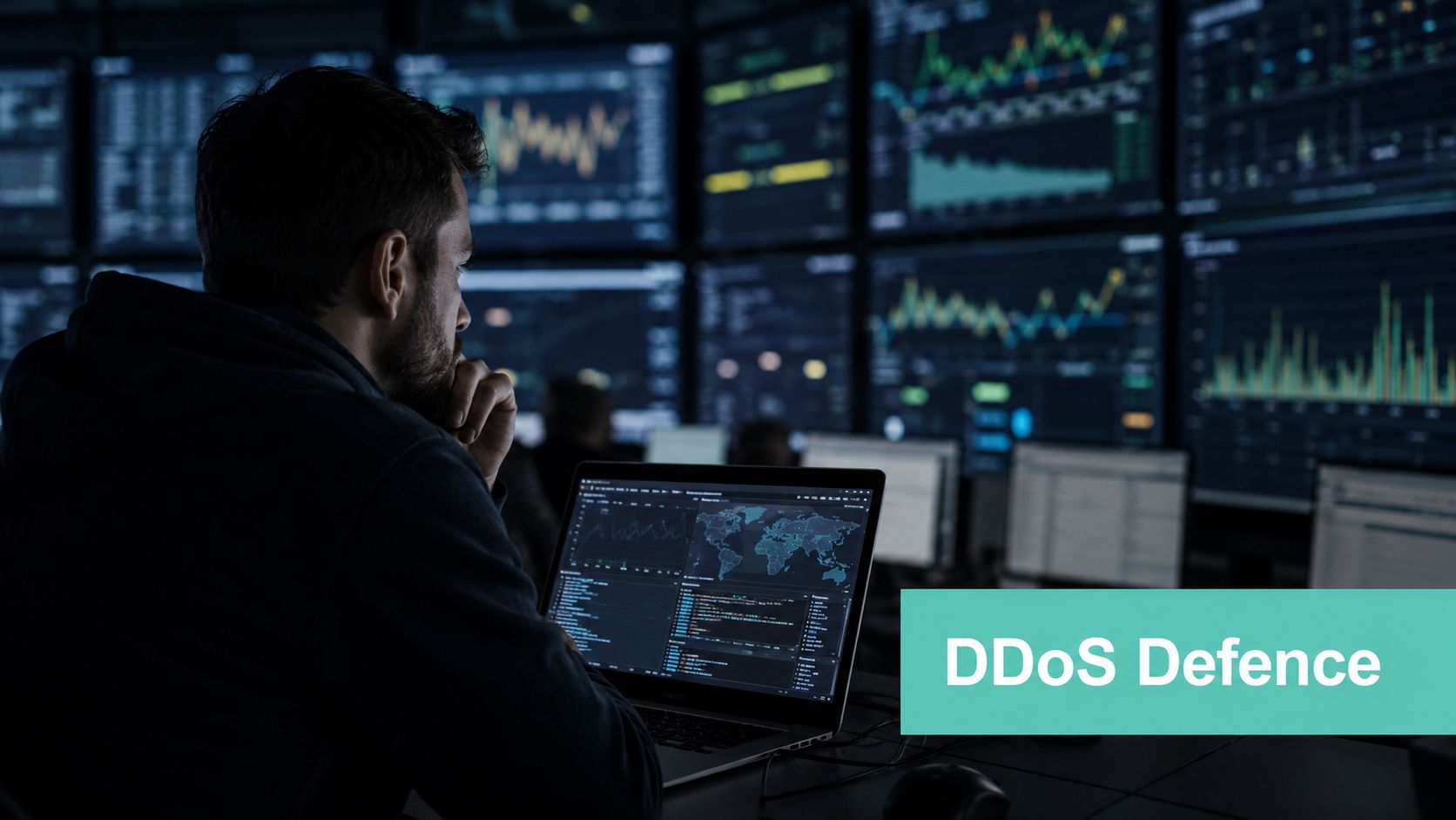 Production Readiness Checklist: 10 Steps for 2026 Sites 6 A professional security analyst monitoring network traffic and data metrics on multiple screens for ddos attack protection.
