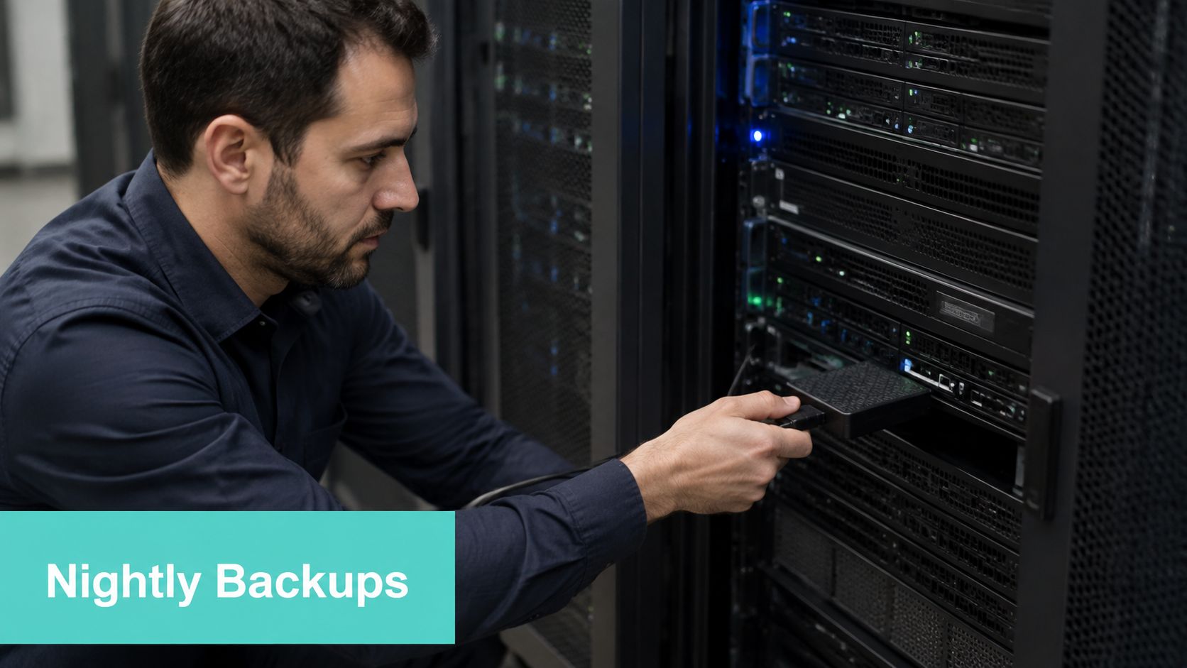 Production Readiness Checklist: 10 Steps for 2026 Sites 3 A professional technician performing server maintenance and data backup tasks inside a modern data center facility.