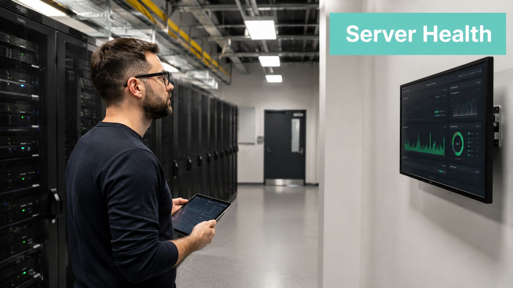 Production Readiness Checklist: 10 Steps for 2026 Sites 2 An it technician checking server health metrics on a tablet while standing in a modern data center.