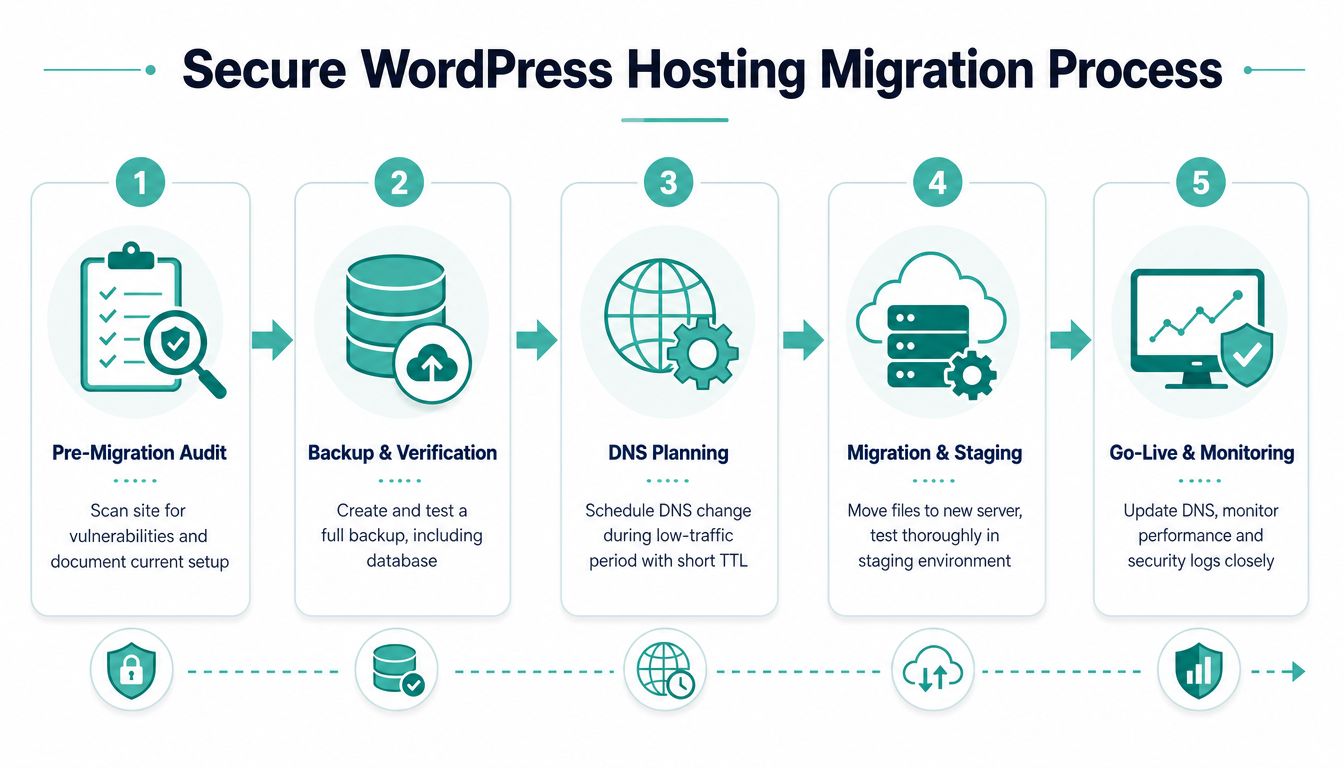 Secure WordPress Hosting: A Guide for Australian Businesses 7 A five-step infographic detailing the professional process for securely migrating a wordpress website to a new host.