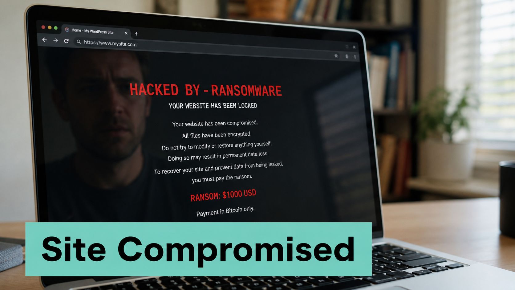 Secure WordPress Hosting: A Guide for Australian Businesses 2 A laptop screen displaying a cybersecurity ransomware attack warning on a compromised wordpress website interface.