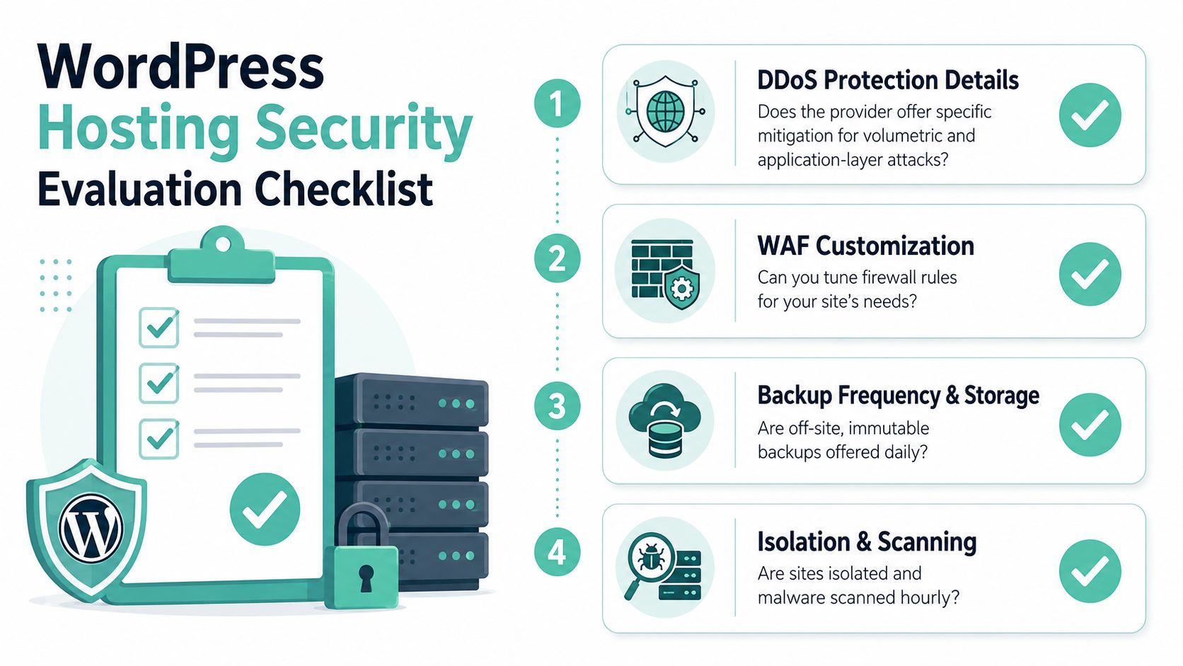 Secure WordPress Hosting: A Guide for Australian Businesses 6 A wordpress hosting security checklist showing four key evaluation points for website protection and server management.