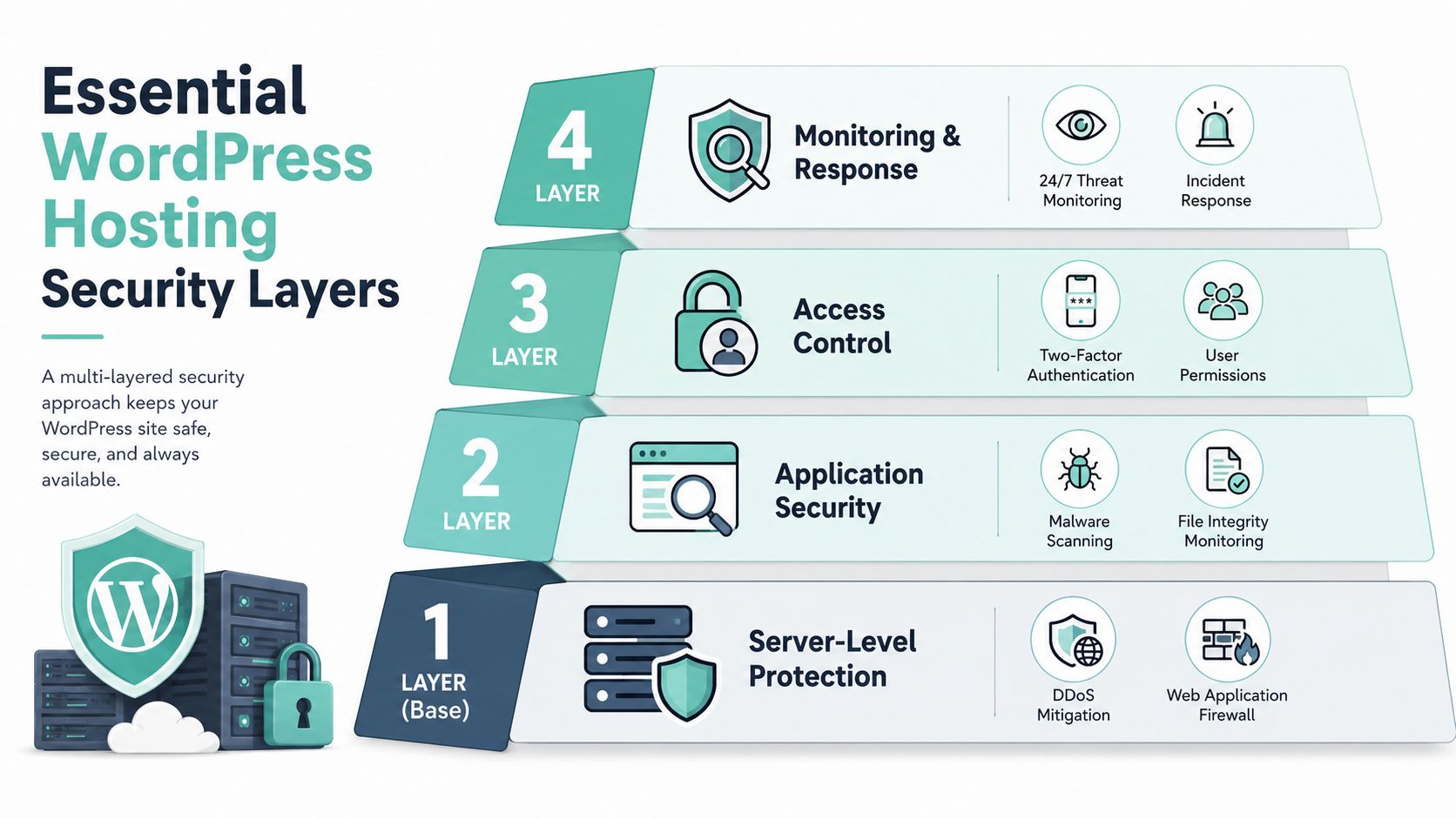 Secure WordPress Hosting: A Guide for Australian Businesses 5 A four-layer infographic detailing essential security measures for wordpress hosting including server protection, application security, and monitoring.