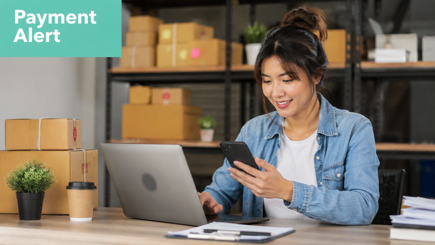 8 Spam Email Examples Australian SMBs Should Know 5 A young asian woman entrepreneur happily checking payment notifications on her smartphone while working at her laptop.