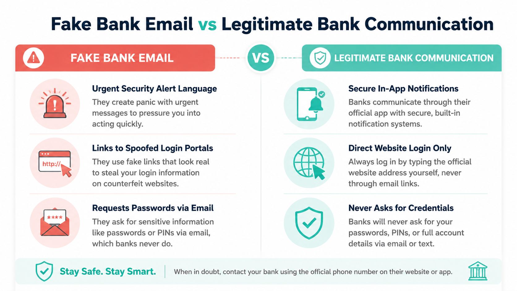 8 Spam Email Examples Australian SMBs Should Know 4 An infographic comparing characteristics of fake bank phishing emails versus legitimate bank security communications to promote safety.
