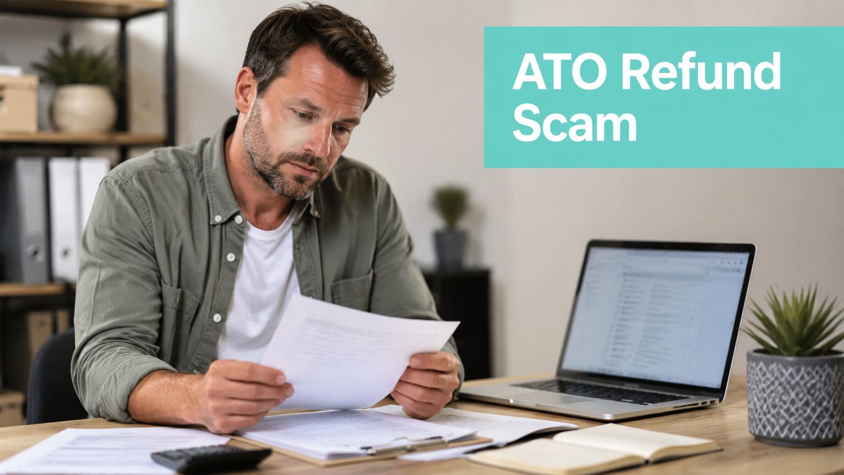 8 Spam Email Examples Australian SMBs Should Know 2 A man sitting at a desk reviewing tax documents while working on a laptop computer